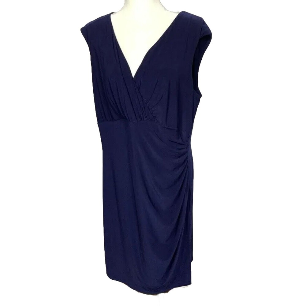 Lauren Ralph Lauren Dress 18 W Navy Blue Ruched Midi Sleeveless V neck Lined